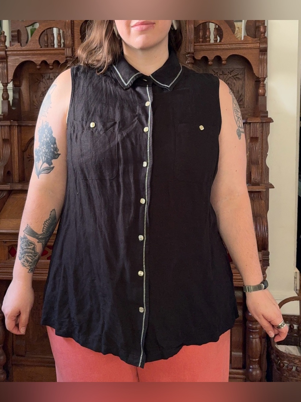 Linen blend button up sleeveless blouse